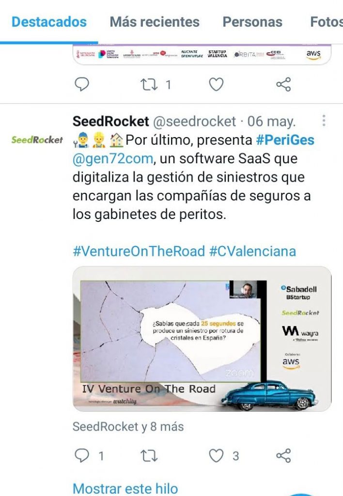 Tuit de SeedRocket presentando a PeriGes en la Venture on the Road