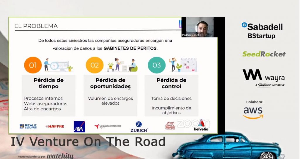 Presentación de PeriGes por videollamada en la IV Venture on the Road: diapositiva «El problema» de los gabinetes de peritos