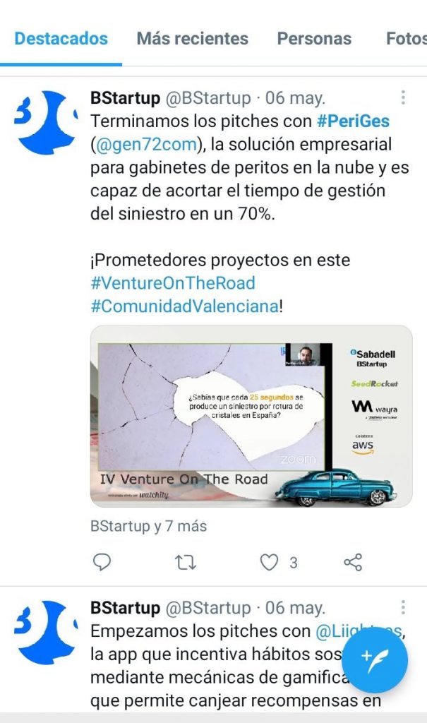 Tuit de BStartup sobre el pitch de PeriGes en la Venture on the Road